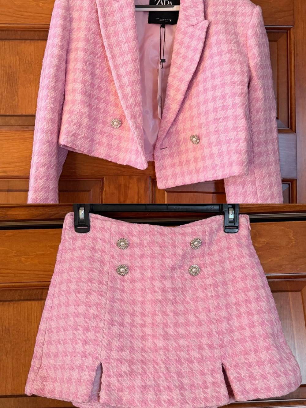 Zara Pink Houndstooth Tweed Cropped Blazer & Mini Skirt Set